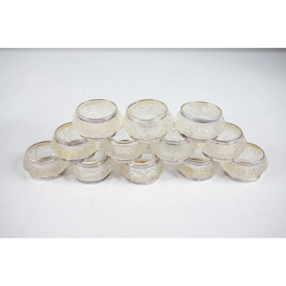 Vtg Napkin Rings 12p Frosted Crystal Rose Floral Silver lead Rim William Adams